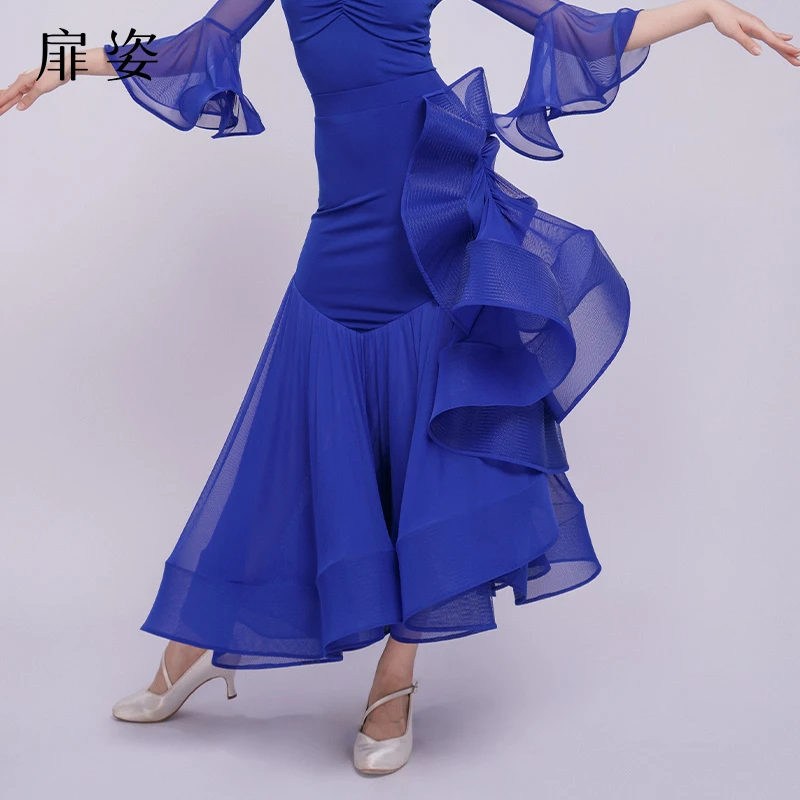 扉姿 摩登舞裙女士高档交谊舞演出服新款国标舞大裙摆半身裙F2142
