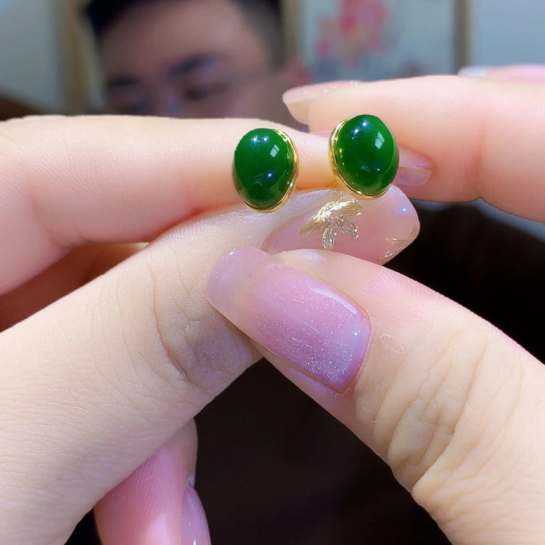 和田玉（碧玉）耳饰银S925镀金镶嵌