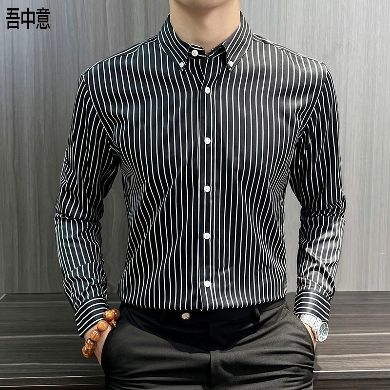 高级感条纹衬衫男款爆款2025新款春秋商务休闲时尚弹力修身衬衣