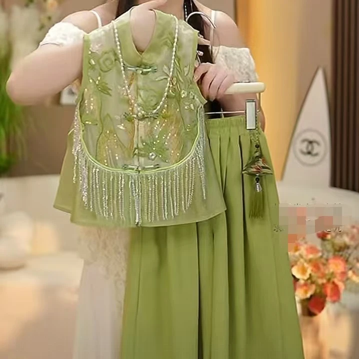 女童江南国风套装2025夏新款儿童新中式古风汉服马甲阔腿裤两件套