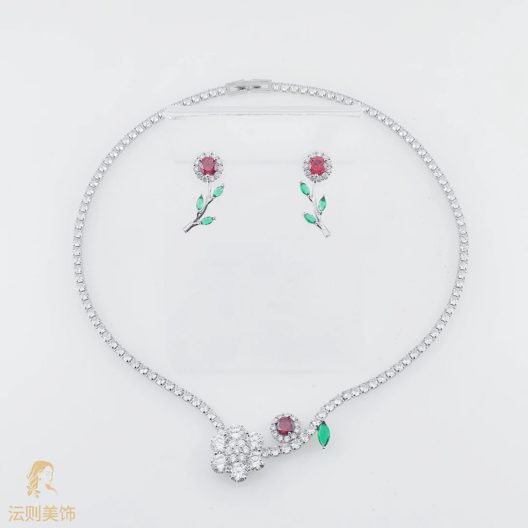 铜合金锆石项链 H001时尚气质简约六瓣梅花项链套装