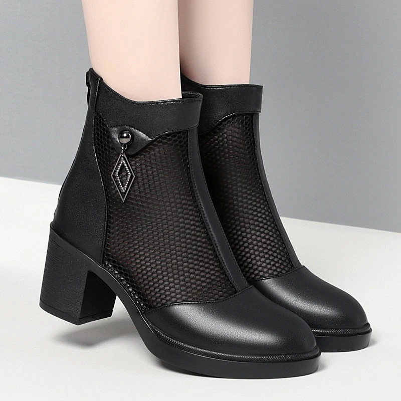 红蜻蜓金典网靴女春夏新款真皮镂空凉靴软底网面高跟粗跟透气百搭