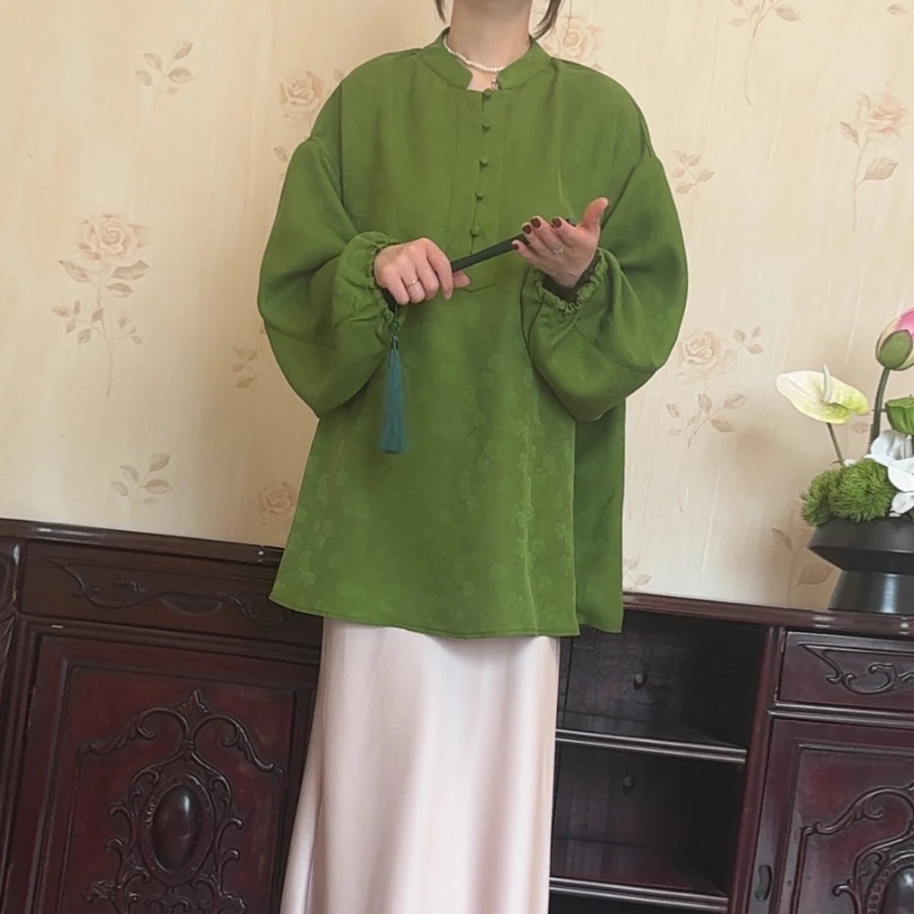 2025年夏季香云纱国风绿色五粒扣长袖上衣