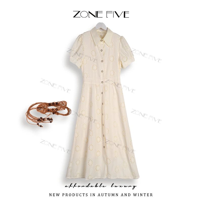 【zonefive】女士夏季新款法式刺绣连衣裙 气质宽松显瘦系带长裙