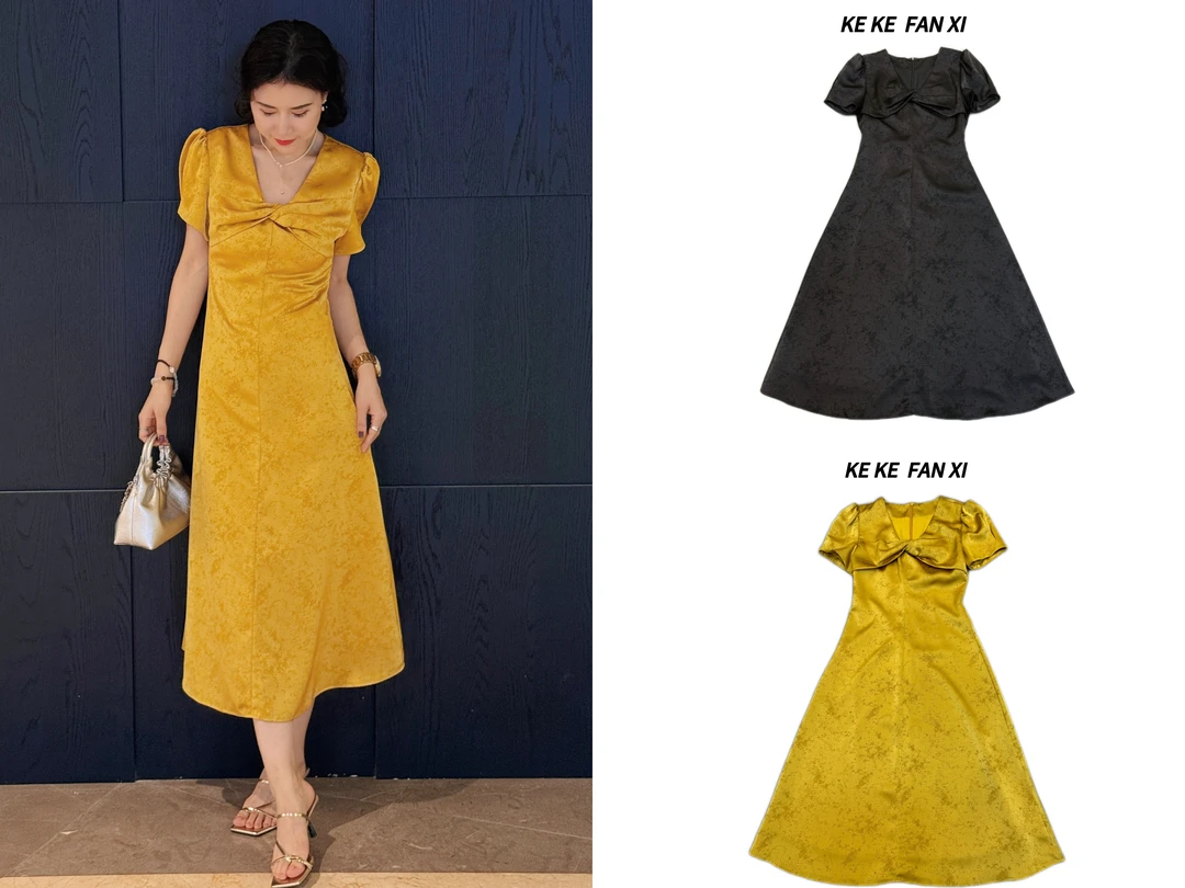 8017领口蝴蝶结提花连衣裙显瘦气质夏季时尚长款收腰设计感