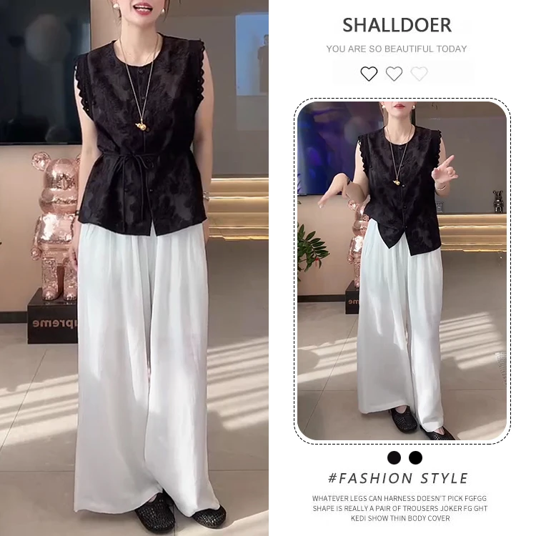 高级感复古气质套装女2026夏季新款重工提花无袖衬衫阔腿裤两件套