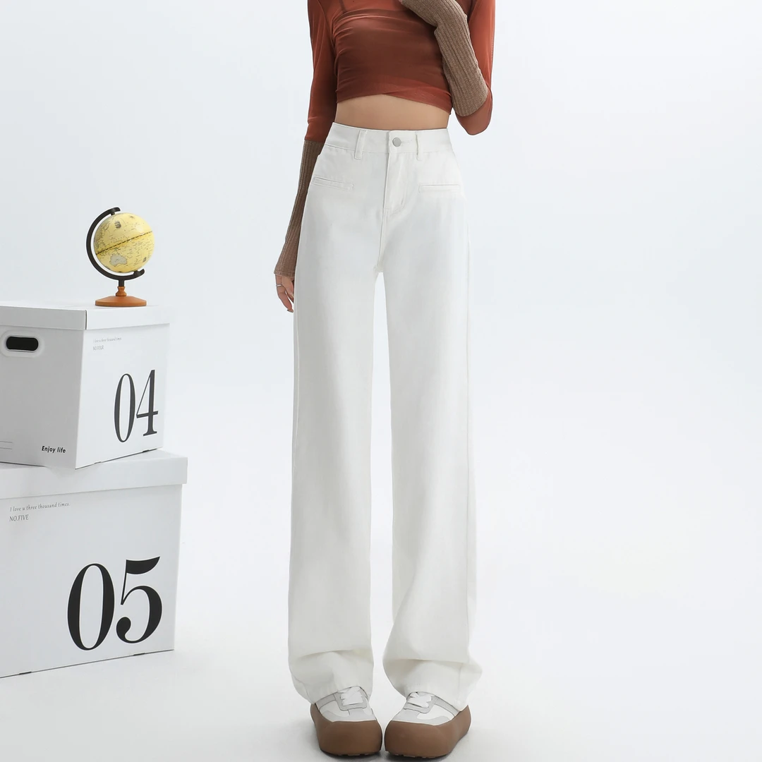 MJB 2025新款复古一字口袋窄版直筒牛仔裤高腰宽松显瘦显腿直长裤