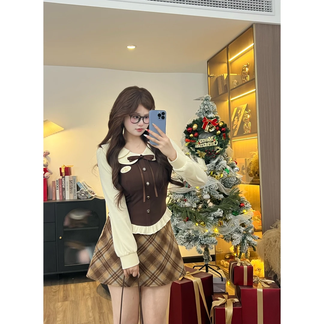 【丝绒拿铁】10589胖m英伦风复古格纹磨毛厚款半身裙毛球流苏套装