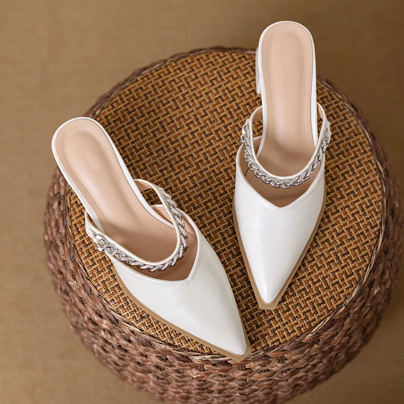 洋气时尚尖头包头半拖鞋女粗跟外穿2025夏配裙子高级感高跟穆勒鞋