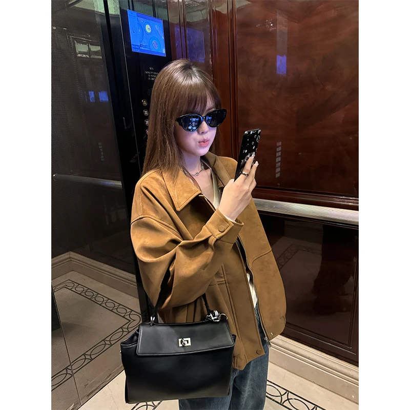 复古麂皮翻领夹克女秋季美式宽松翻领休闲百搭显瘦时尚外套上衣