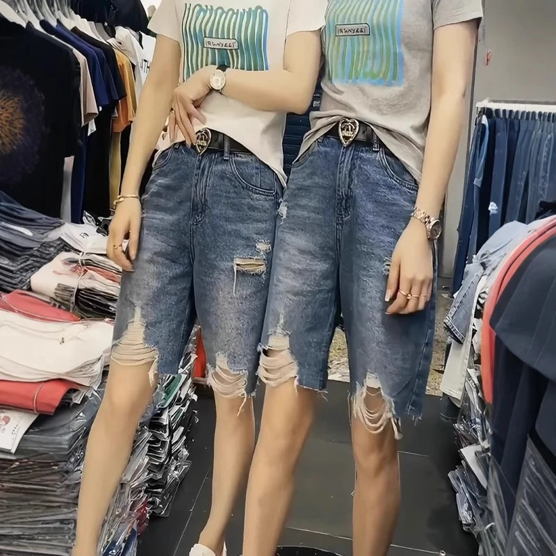 夏季新款高腰显瘦遮胯直筒牛仔短裤大码百搭破洞六分宽松阔腿裤子