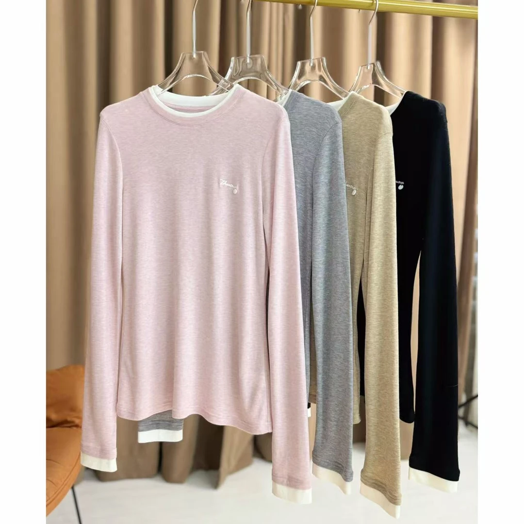 珀新【超舒服打底】春季新款撞色拼接简约百搭休闲长袖打底-23035