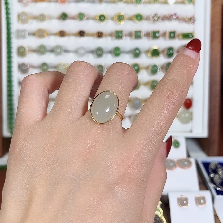 和田玉戒指银S925镀金镶嵌