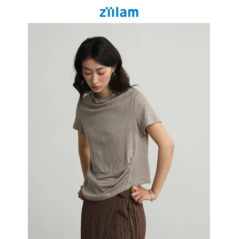ziilam枝蓝 亚麻抽皱短袖女款纯亚麻纯色T恤设计感2025新款夏季