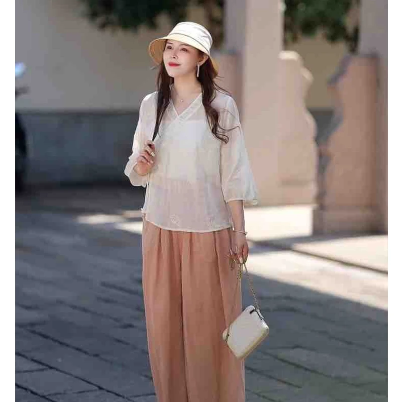 复古苎麻内里包边刺绣斜襟系带V领套头国风衬衫