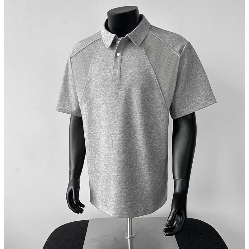 灰色太空棉正肩短袖polo衫男款夏季拼接重磅T恤高级感痞帅半截袖
