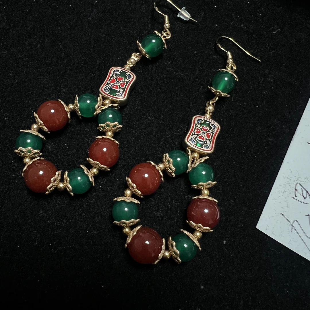 铜合金耳饰 铜合金珐琅耳饰 中式复古宫廷风花卉长款流苏耳环