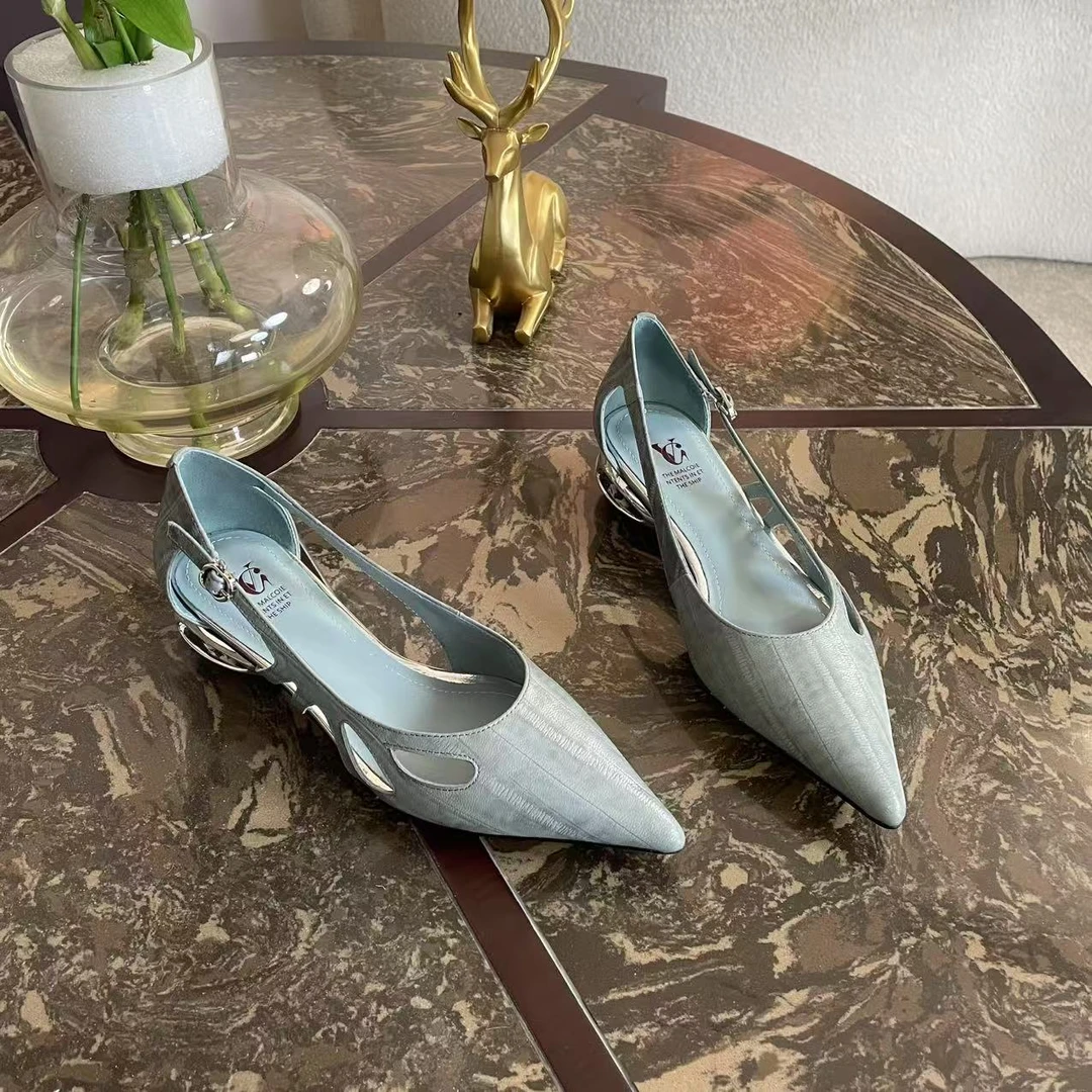 Van Gerch全羊皮跟4cm尖头时尚百搭低跟真皮女士凉鞋气质买1赠3