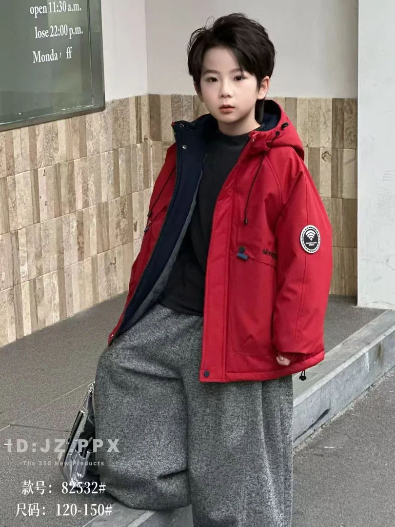 男童加绒加棉外套秋冬款2025新款儿童冬装宽松大童男孩加厚棉衣痞