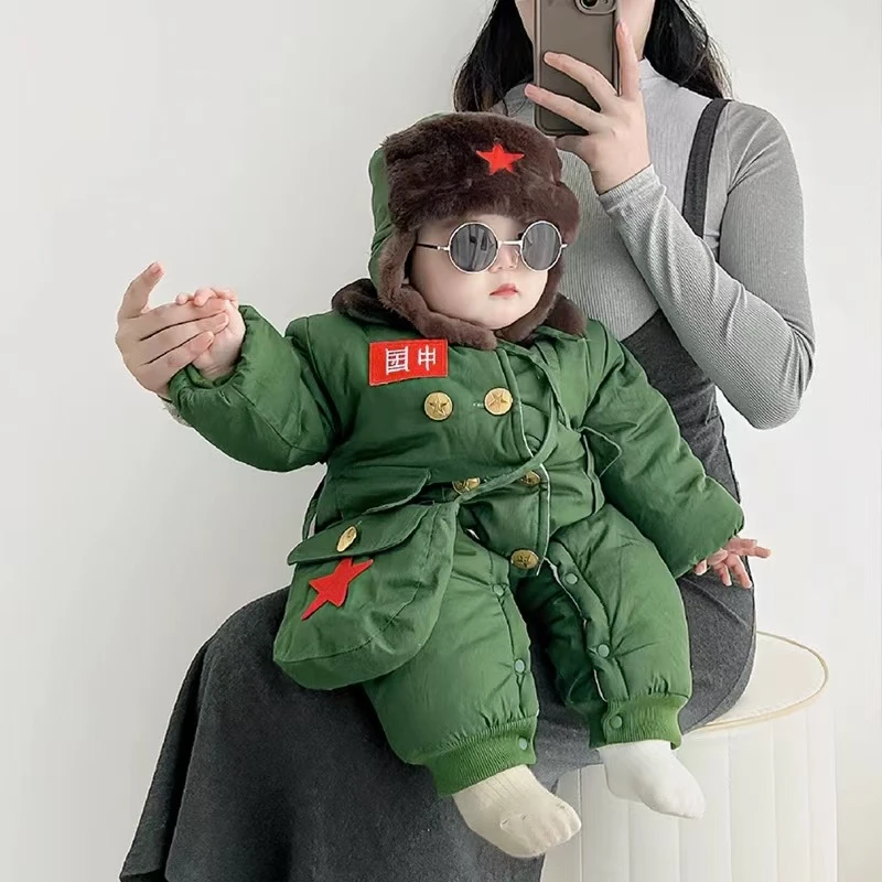 【三件套】婴幼儿冬装连体衣超萌棉服外出服军大衣宝宝加厚男爬服