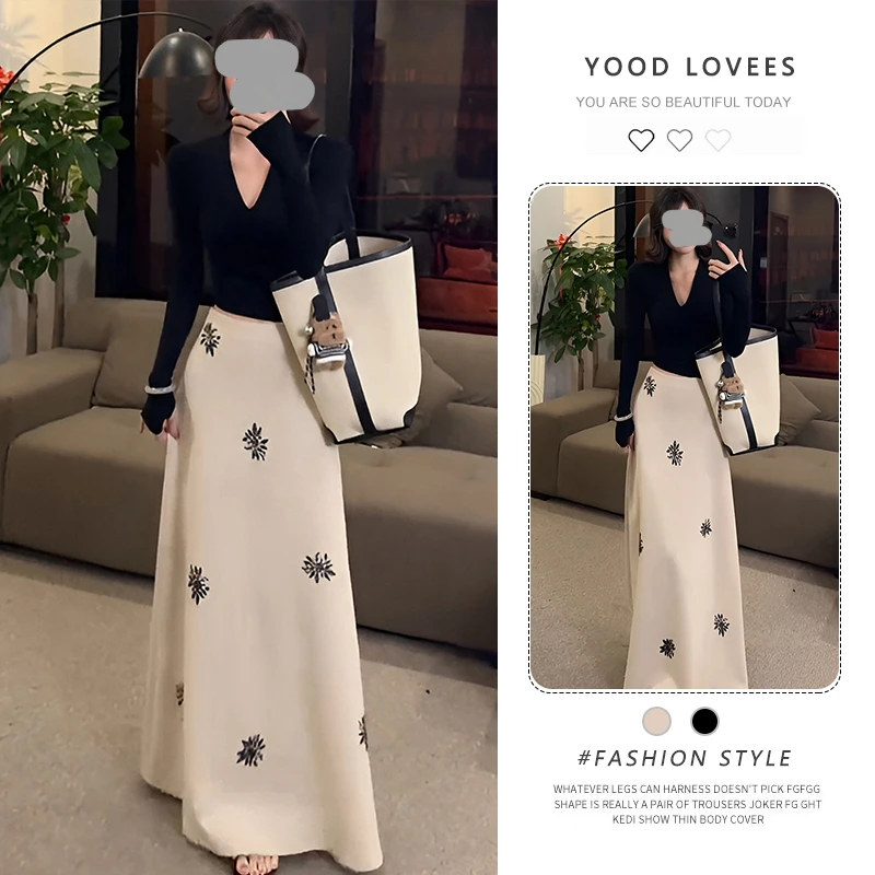 复古时尚V领气质长袖衬衫上衣女2025春秋新款高腰烫钻半身裙套装