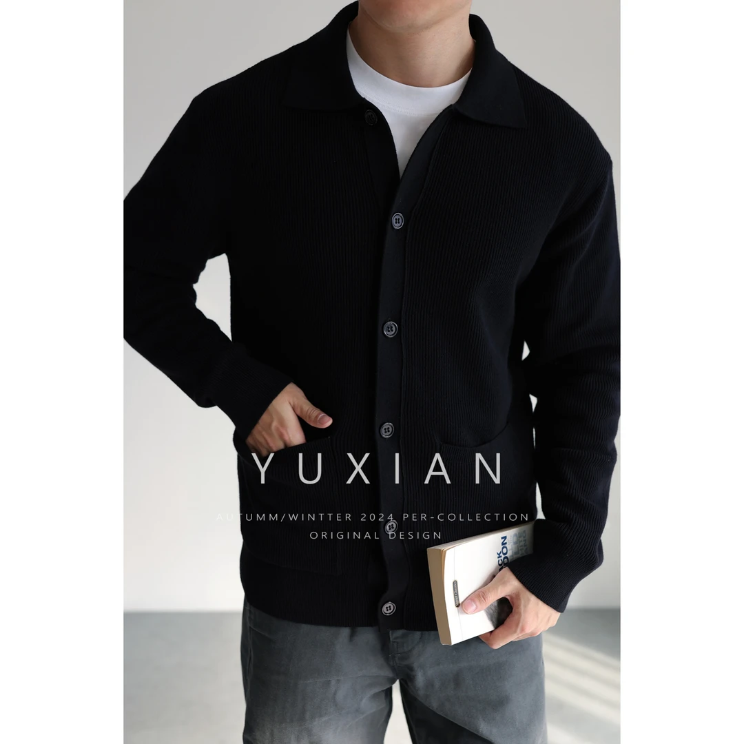 YUXIAN美式复古双股全棉翻领针织衫贴袋开衫长袖毛衣男士保暖秋冬