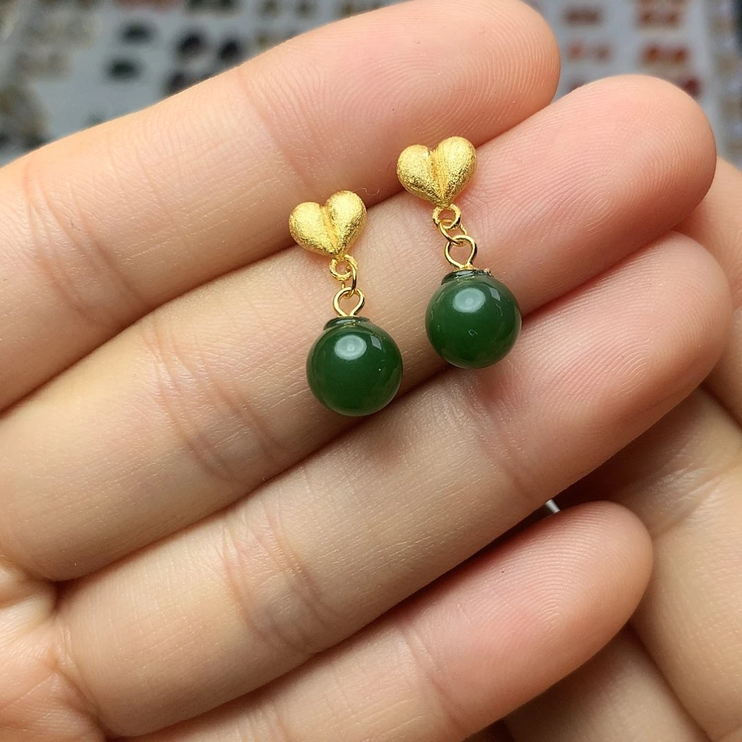 银S925镀金镶嵌和田玉（碧玉）耳饰