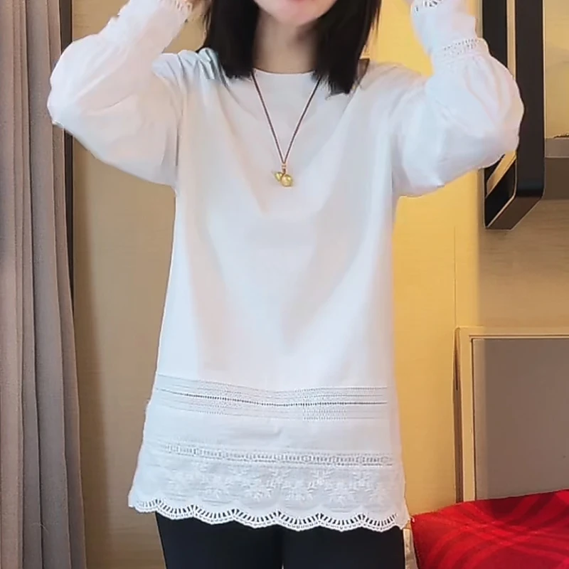 中长款镂空钩花拼袖圆领白T恤打底衫女2025早春新款韩版宽松上衣