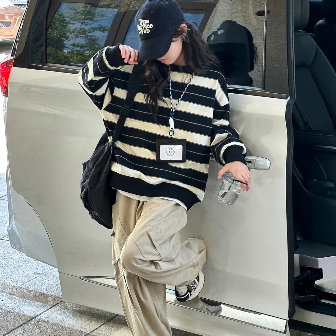 女童套装春秋装2025新款洋气儿童条纹卫衣女大童秋季工装裤两件套