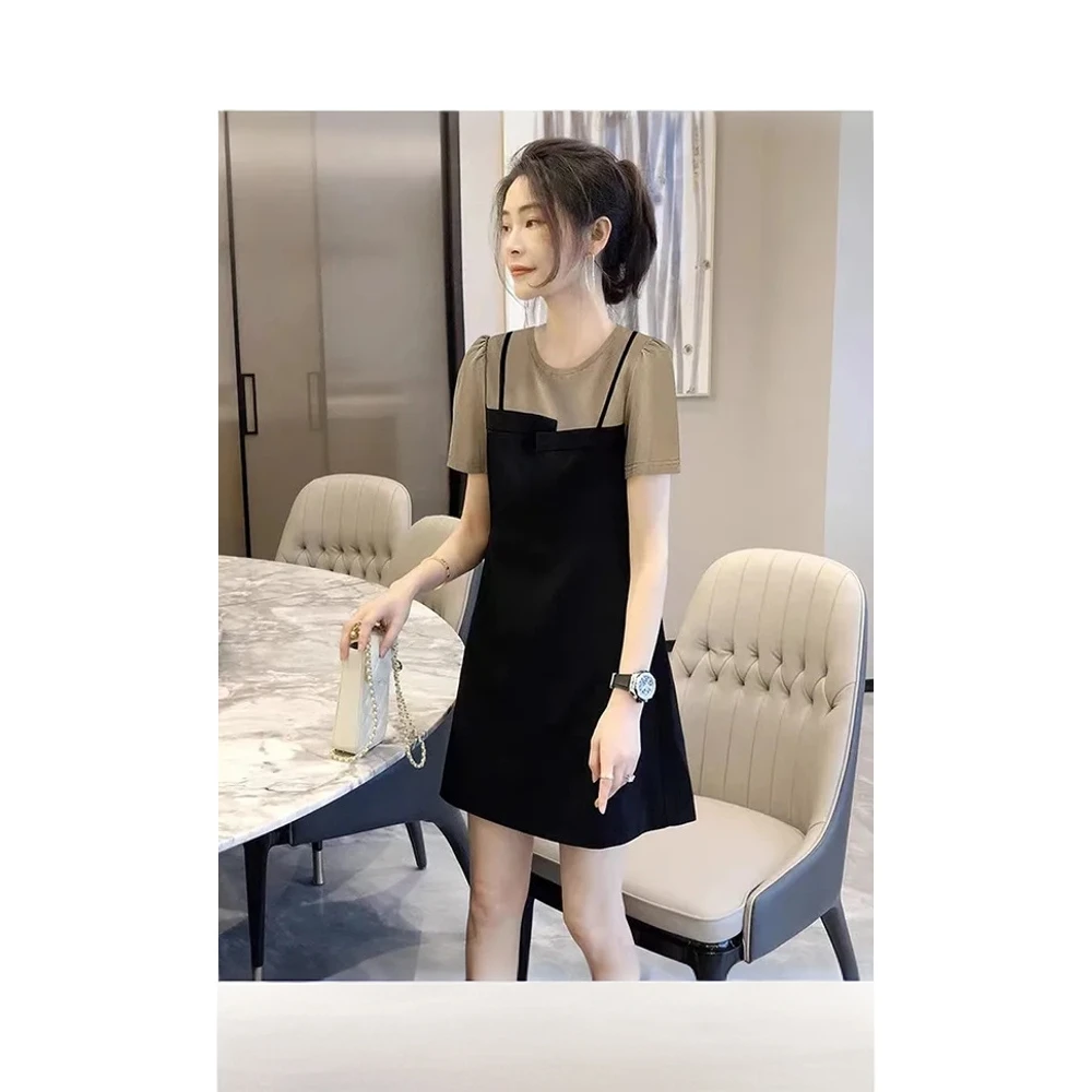 欧洲站2025年夏季新款假两件吊带连衣裙女拼接显瘦设计感减龄裙子