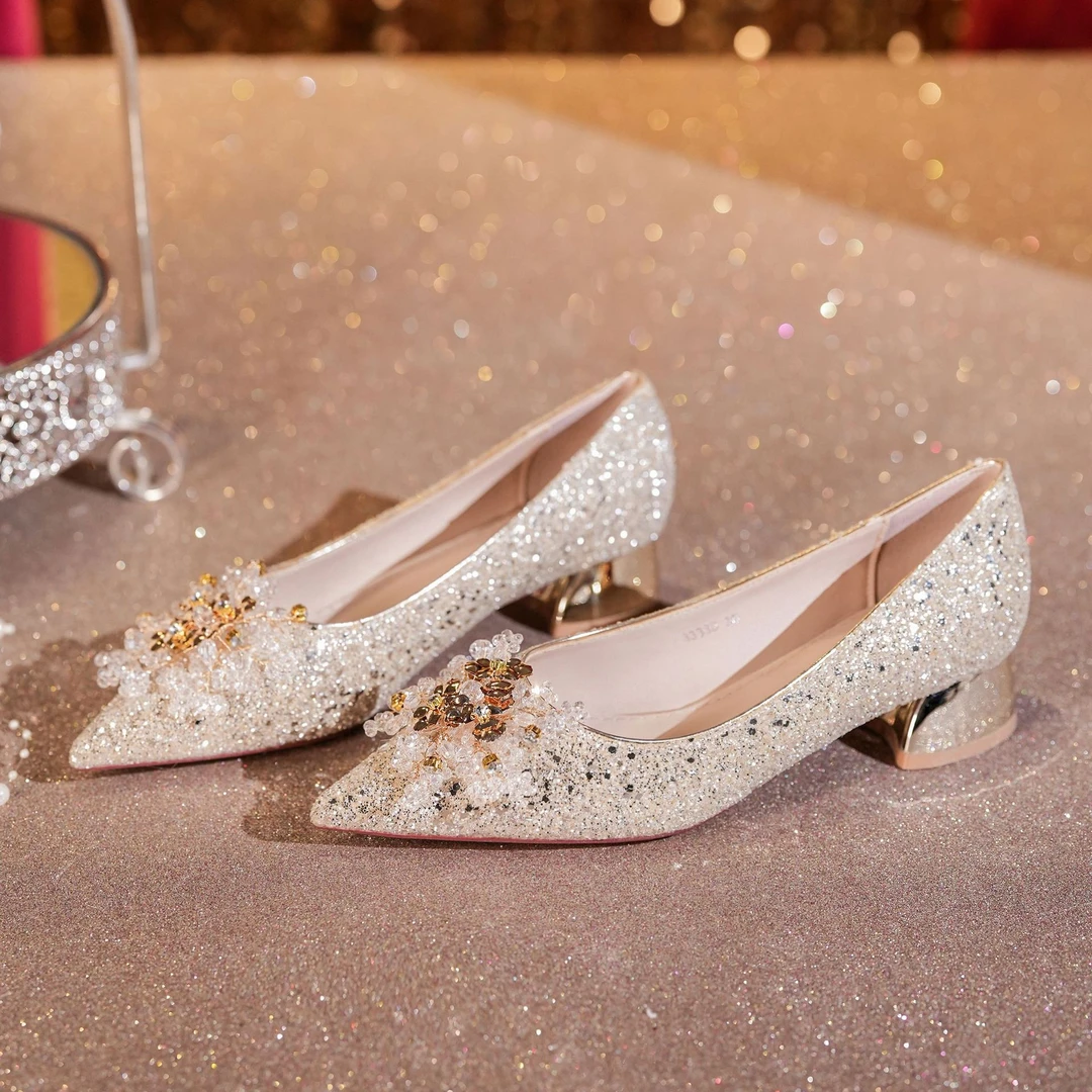 YOU XIAN MEI/悠闲美3333D-021高跟鞋女单鞋粗跟水钻亮片格利特女