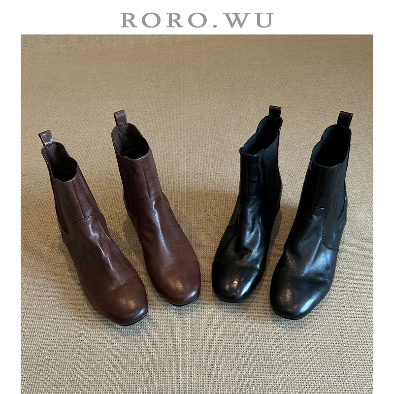 娆娆吴·牛皮松紧带英伦复古厚底短靴秋冬新款粗跟切尔西女X381