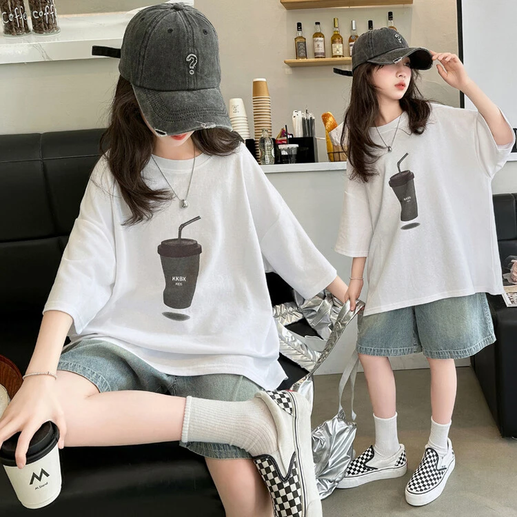 女童夏装2025新款短袖t恤儿童时髦洋气夏款女12-15岁初中女孩潮装