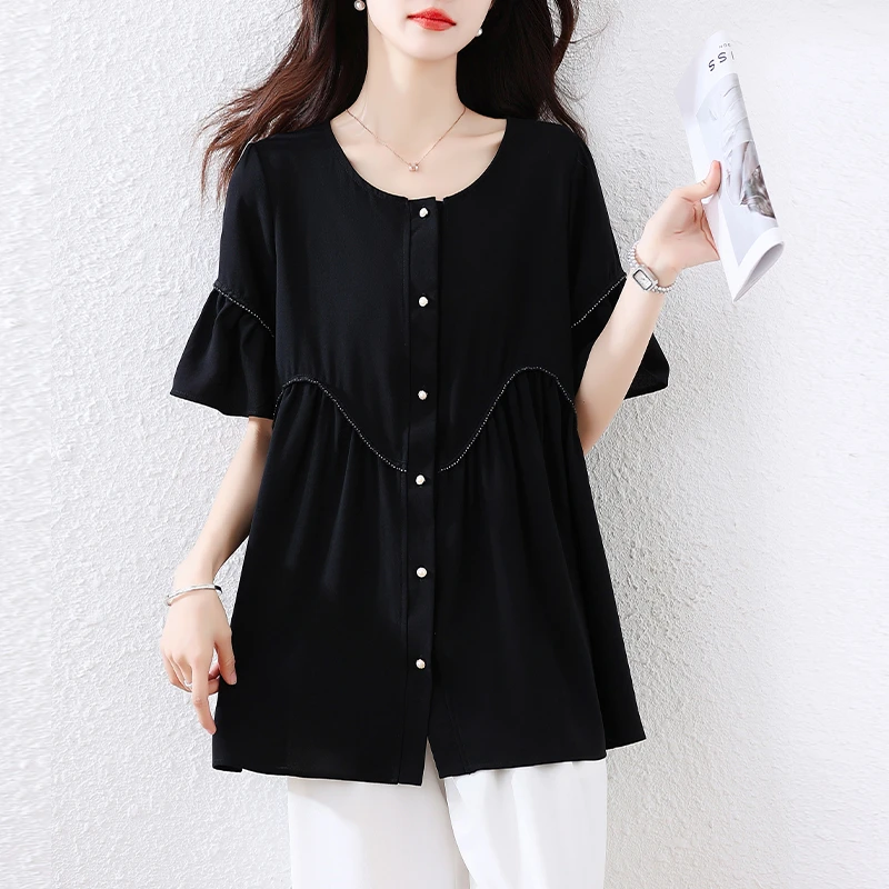 【女神新衣】2025夏季新品大码女装胖妹妹纯色拼接遮肉显瘦上衣T恤