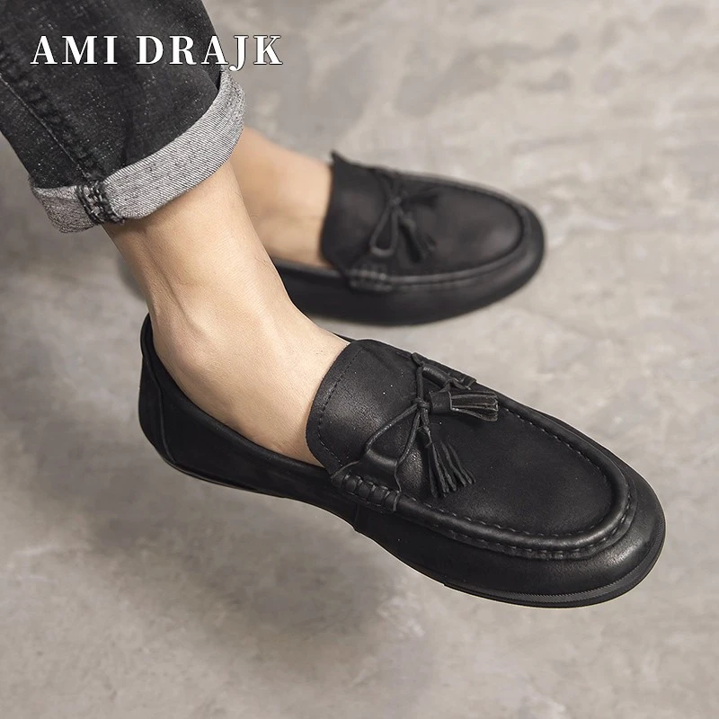 AMI DRAJK真皮豆豆鞋男流苏软皮面一脚蹬休闲皮鞋春季新款透气轻