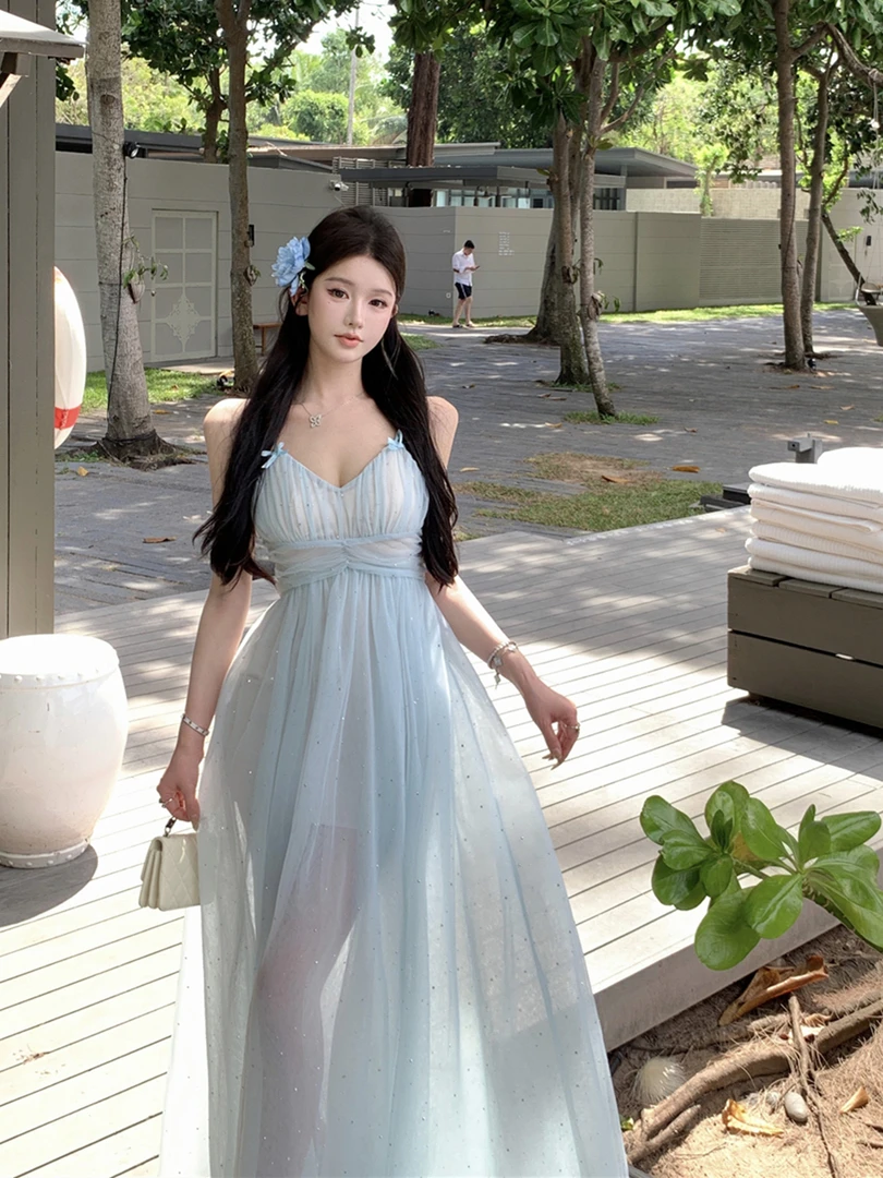 性感V领绝美胸垫碎钻收腰显瘦吊带连衣裙2025春夏新款网纱长裙女