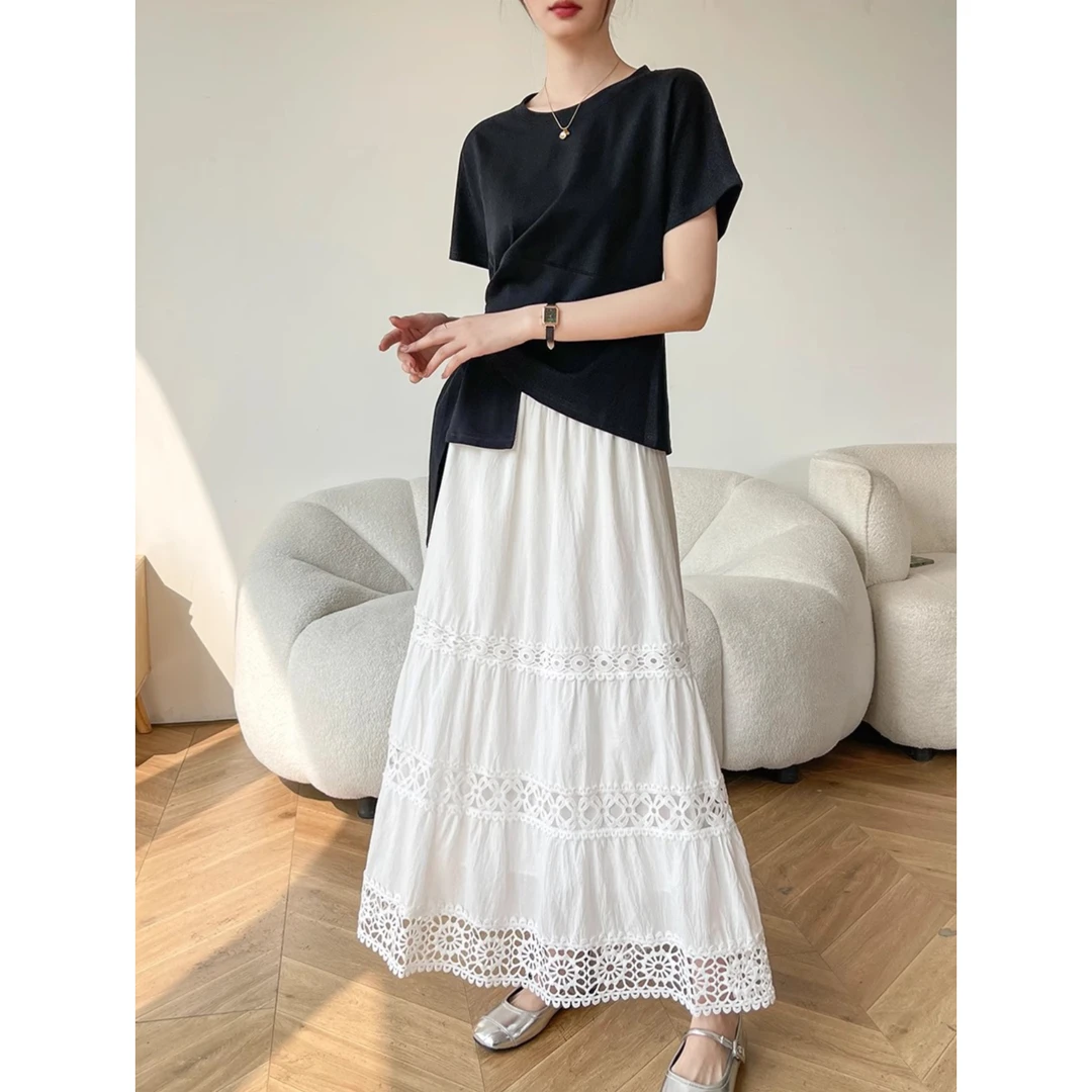 白色镂空气质半身裙女2025新款夏季松紧腰时尚高腰中长款a字裙子
