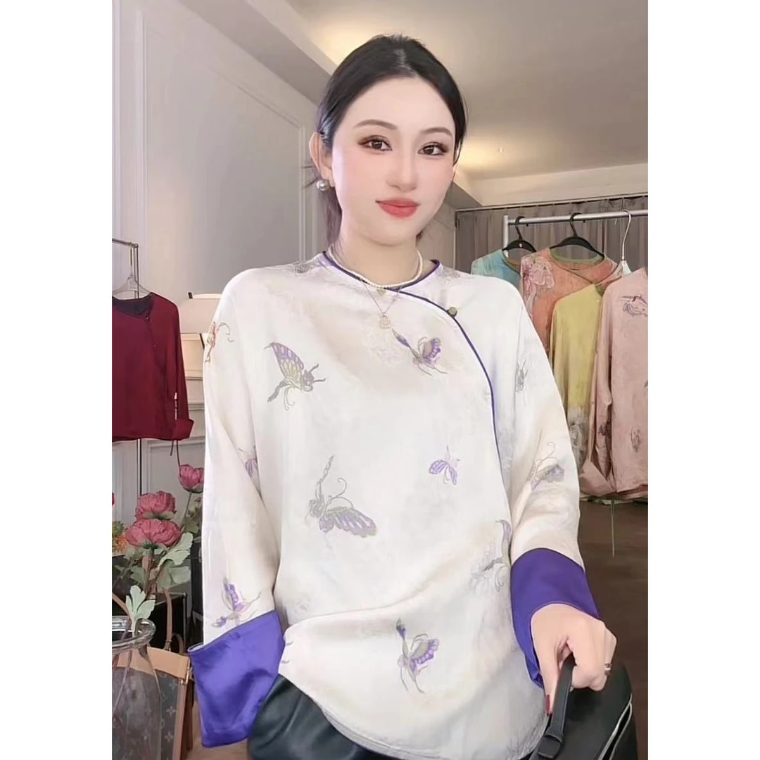 琳琳专属2店【白蝴蝶】新中式国风衬衫气质显瘦斜襟时尚长袖百搭