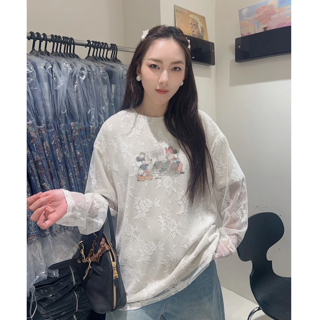 JJ.RICH  春新款洋气可爱卡通印花蕾丝拼接假两件T恤上衣