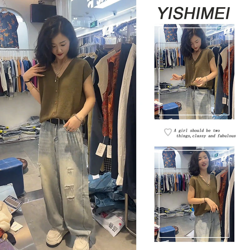 套装女2025年夏季新款V领显瘦针织短袖上衣高腰破洞牛仔裤套装