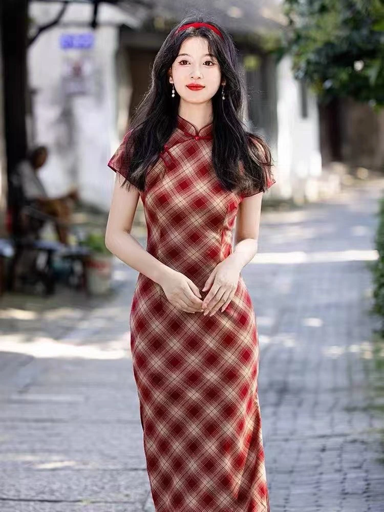 复古格子少女风旗袍气质2025新款修身小个子中长款连衣裙女