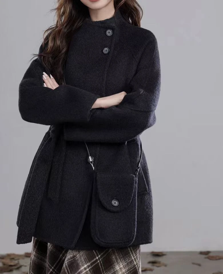 2877-DQ时尚立领腰带中长款外套