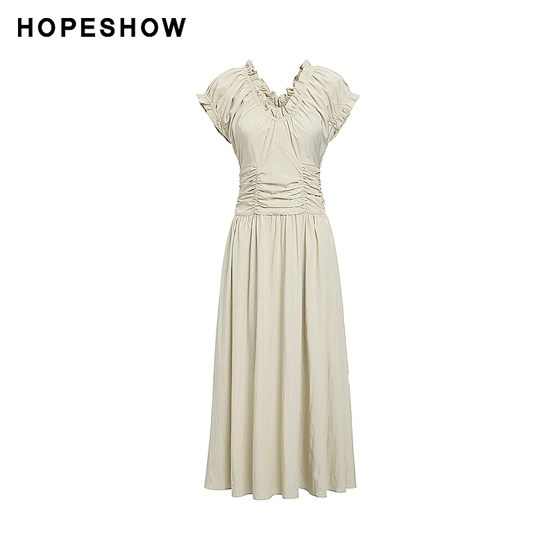 【女乔专属】红袖木耳边拼接打褶松紧连肩袖连衣裙89624261602