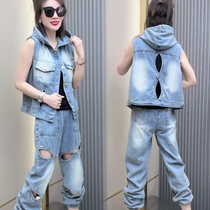 复古水洗镂空牛仔马甲裤子两件套