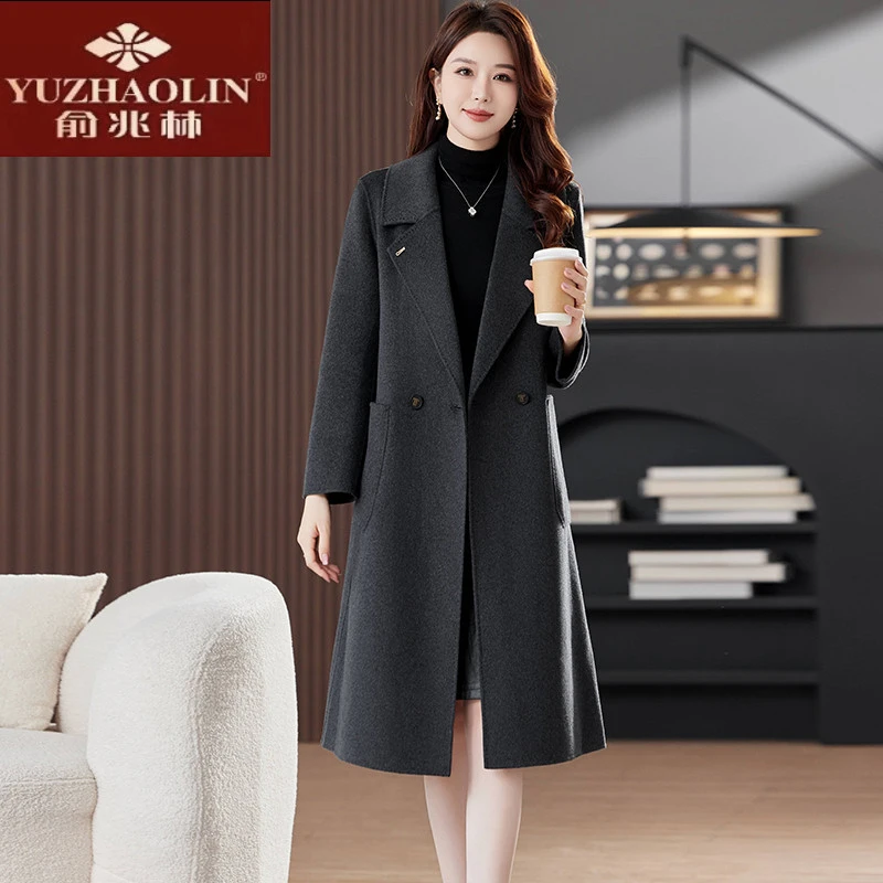 俞兆林双面呢羊毛大衣女2025冬季新款西装领灰色品牌高端