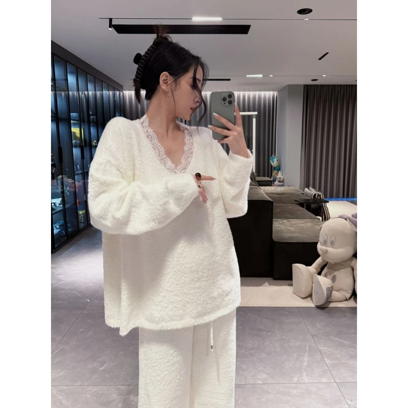 巴韦那奇秋冬蕾丝V领仿水貂绒家居服女宽松慵懒法式气质外穿套装