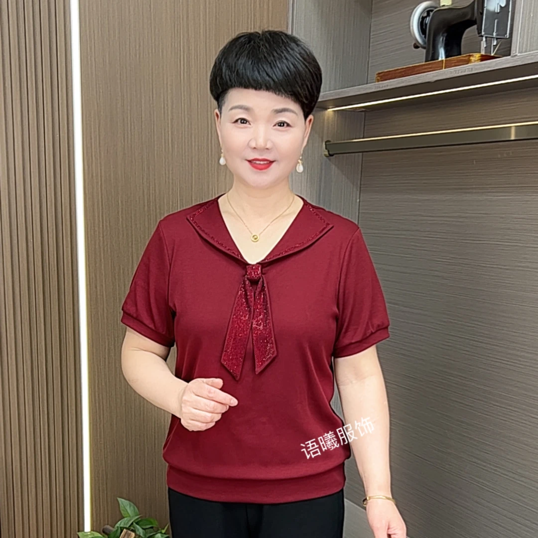 法式宽松T恤纯色薄款中老年女装女士夏装小衫短袖F1028