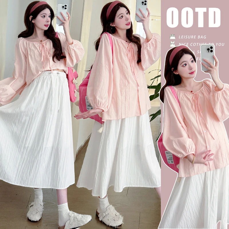 2025年新款孕妇春装套装设计感长袖衬衫娃娃衫外穿宽松孕妇半身裙