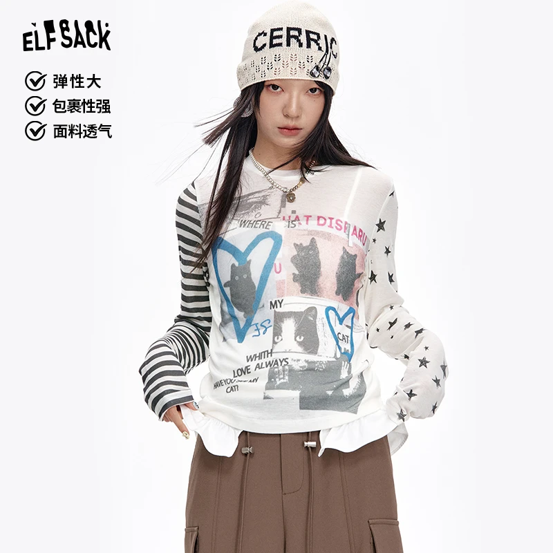 妖精的口袋条纹猫咪印花长袖t恤2025春修身显瘦小众上衣25105050