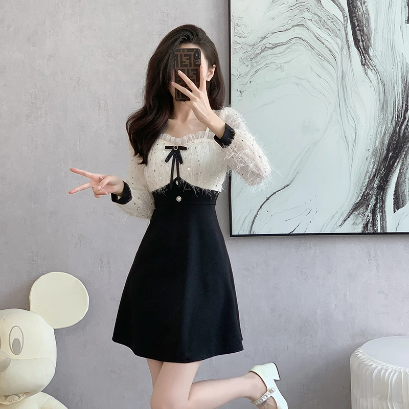 小清新法式修身高腰毛毛流苏连衣裙秋季小个子拼接遮肚显瘦打底裙